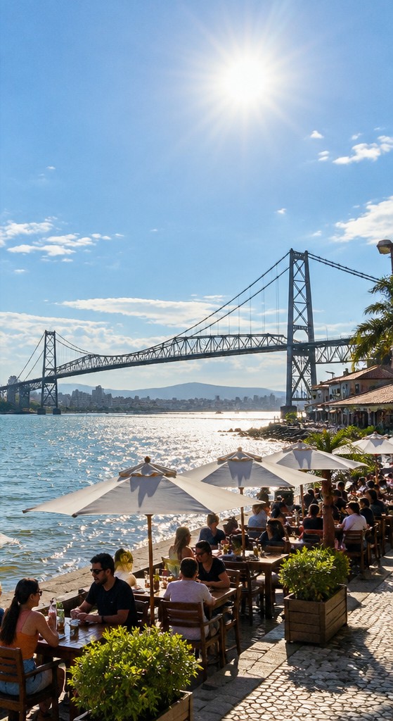 Florianópolis de dia: sol, a ponte Hercílio Luz e mesas à beira-mar